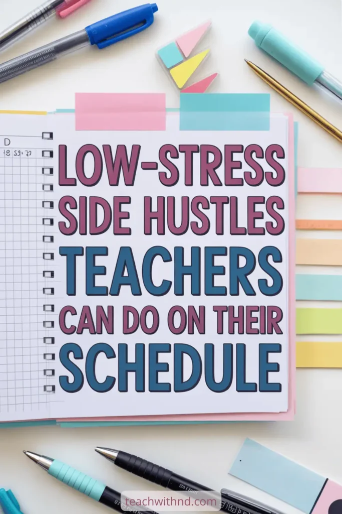 7 Best Flexible Side Hustles for Teachers (When You Need Control) 11 Minimalist flat lay with graph paper notebook, pens, and pastel stationery showing the text "Low-stress side hustles teachers can do on their schedule."