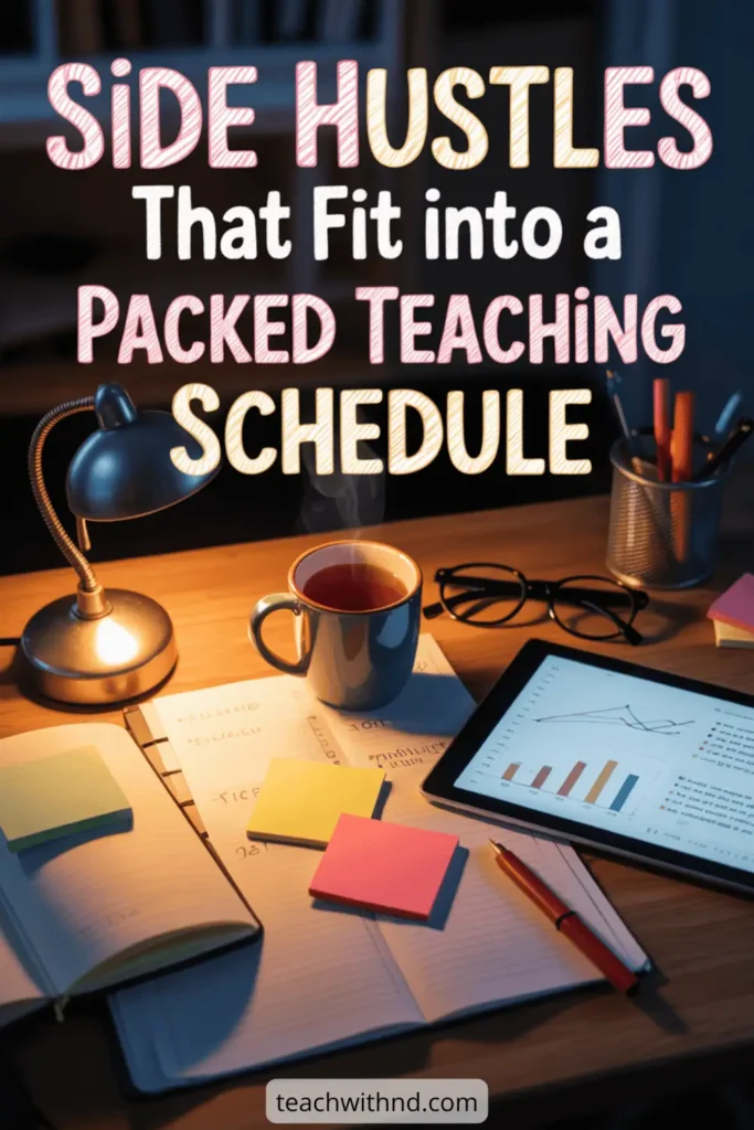 7 Best Realistic Side Hustles for Full-Time Teachers 13 Evening teacher desk with tablet showing a graph, steaming tea, sticky notes, and open planners, with headline "Side hustles that fit into a packed teaching schedule."
