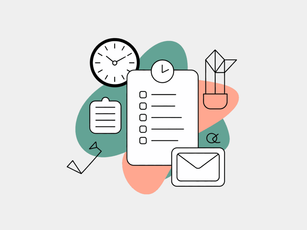 7 Best Realistic Side Hustles for Full-Time Teachers 5 Minimal line art with a checklist, clock, envelope, and abstract plant shapes over peach and teal blobs, symbolizing balanced productivity and side work organization.