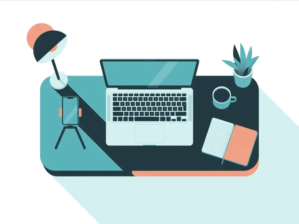5 Steps to Building a YouTube Funnel for Teachers Without Burnout 9 Flatlay of a teacher's YouTube setup with laptop, phone on tripod, notebook, and coffee, ideal for creating educational videos.