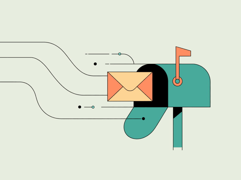 7 Doable Streams of Passive Income for Teachers 4 Minimalist graphic of a teal mailbox with a peach envelope and stylized digital lines, symbolizing automated income and email-based earnings.