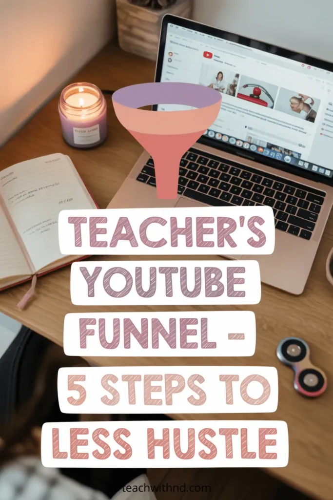 5 Steps to Building a YouTube Funnel for Teachers Without Burnout 10 A pastel-themed teacher desk with a candle, laptop, and funnel icon; bold text says "Teacher's YouTube Funnel – 5 Steps to Less Hustle."