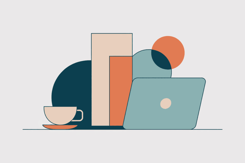 Laptop and hot drink on a clean surface — peaceful setup for teachers doing remote side work.

