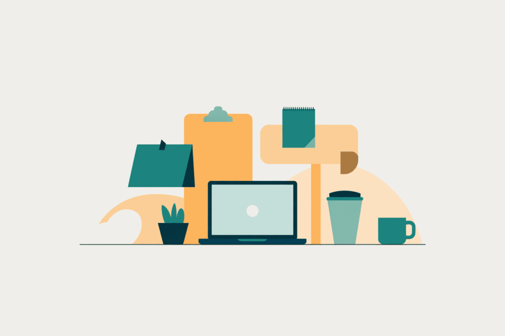 Abstract display of laptops and work icons — flexible digital tools for teacher side hustles.

