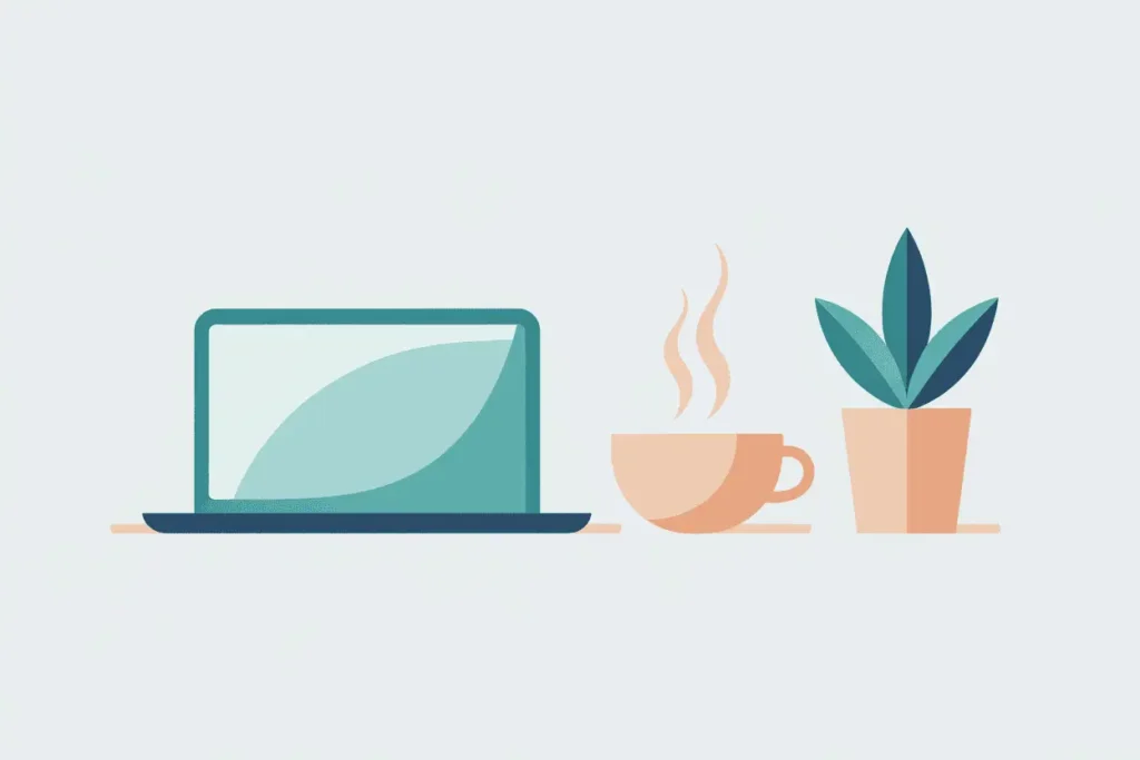 Clean illustration of tea, plant, and laptop — peaceful side hustle space reflecting work-life balance.