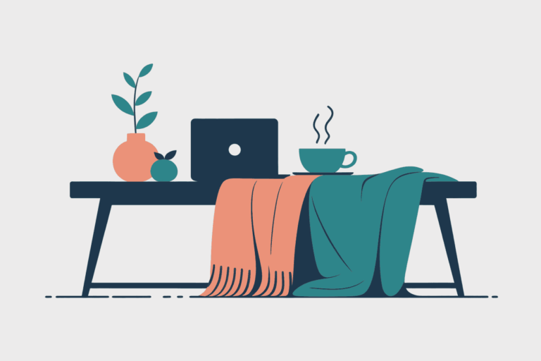 Featured image with couch, plants, and laptop — cozy, balanced setup for weekend work without burnout.