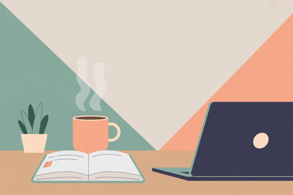 5 Low Stress Side Hustles for Teachers 6 Open notebook and laptop on a desk with a warm drink, suggesting quiet independent work time.