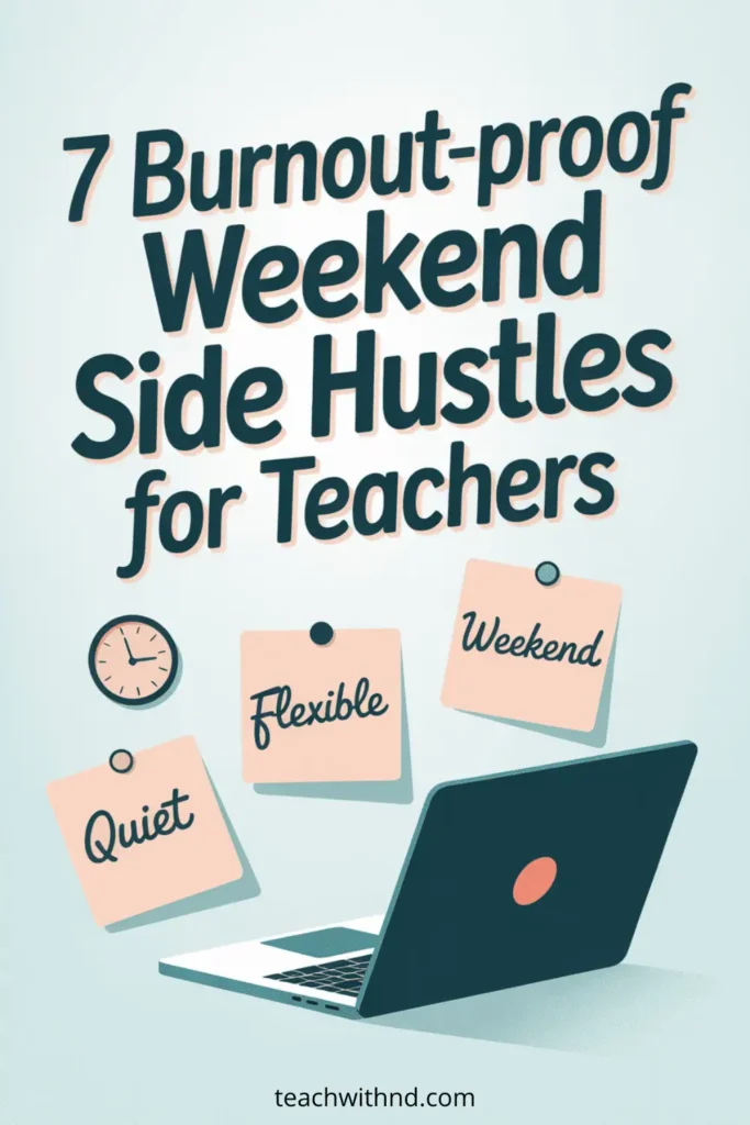 7 Weekend Side Hustles That Won't Burn You Out 16 Teal pin with laptop, sticky notes, and small icons promoting 7 burnout-proof weekend side hustles for teachers