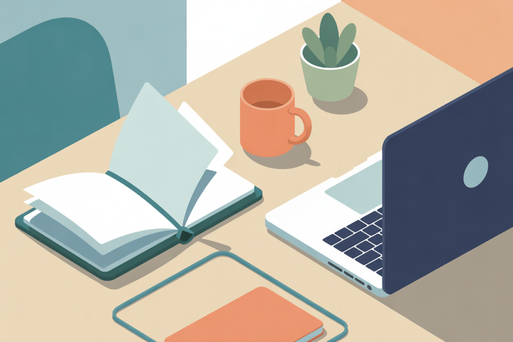 5 Low Stress Side Hustles for Teachers 5 Minimal desk setup with planner, coffee mug, plant, and closed laptop in soft muted colors.