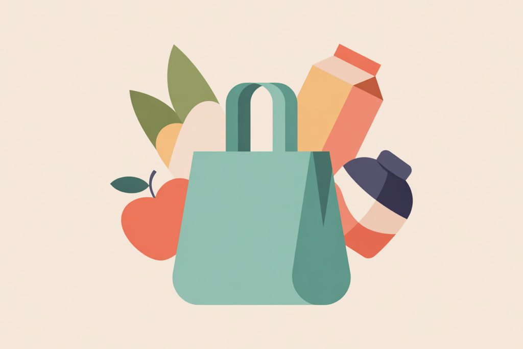 5 Low Stress Side Hustles for Teachers 11 Reusable shopping bag filled with groceries and household items.