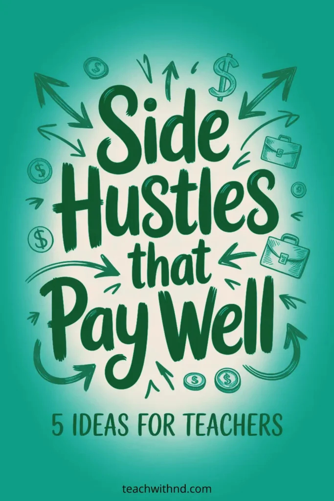 5 Side Hustles That Pay Well for Teachers 11 Green Pinterest pin with bold decorative lettering that says “Side Hustles that Pay Well – 5 Ideas for Teachers” with subtle classroom-themed accents.