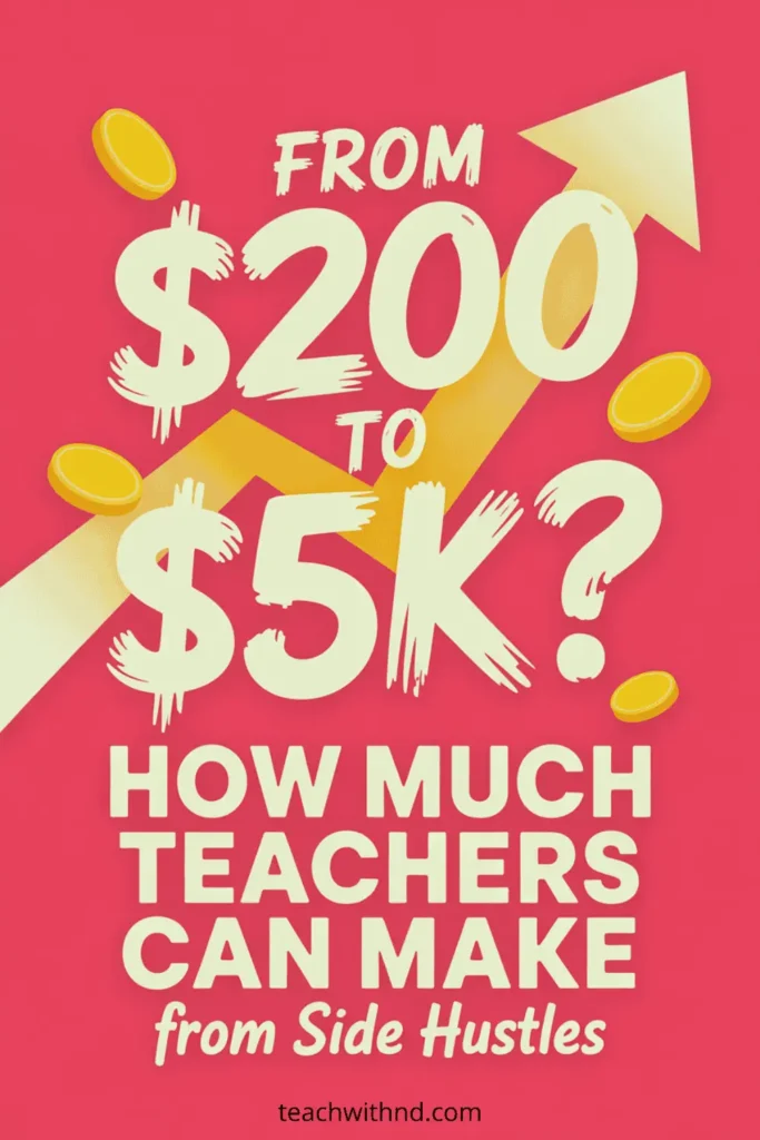 How Much Money Can Teachers Make from Side Hustles? 14 Bright Pinterest pin reading “From $200 to $5K? How Much Teachers Can Make from Side Hustles” with coins and upward arrow illustration.