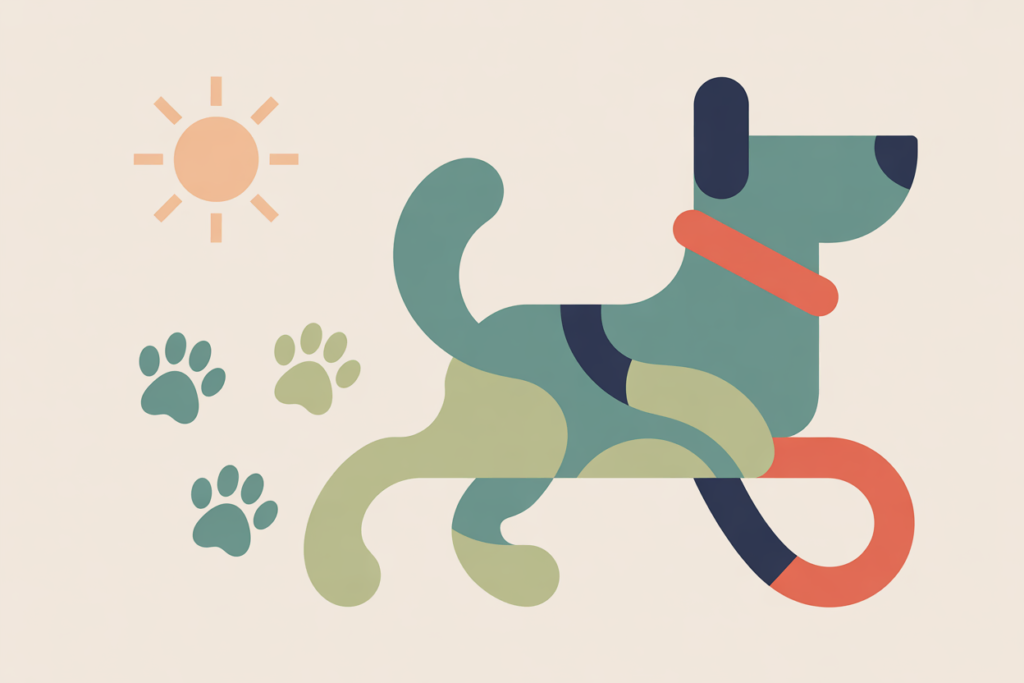 5 Low Stress Side Hustles for Teachers 8 Abstract illustration of a dog wearing a leash, sunshine above, paw prints floating behind, suggesting pet sitting as a low stress side hustle for teachers.