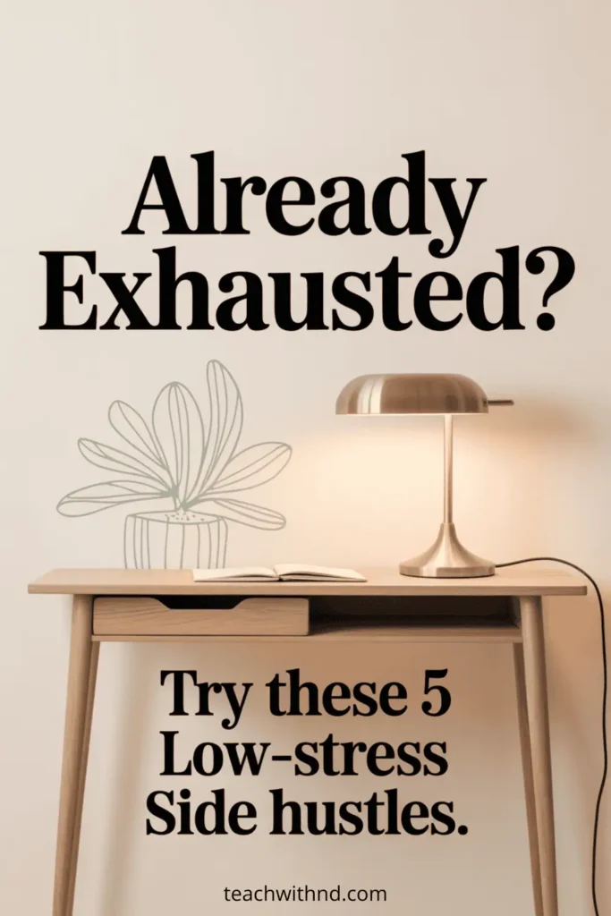5 Low Stress Side Hustles for Teachers 15 Neutral-toned Pinterest pin reading “Already Exhausted? Try these 5 Low-Stress Side Hustles” with desk lamp and plant illustration.