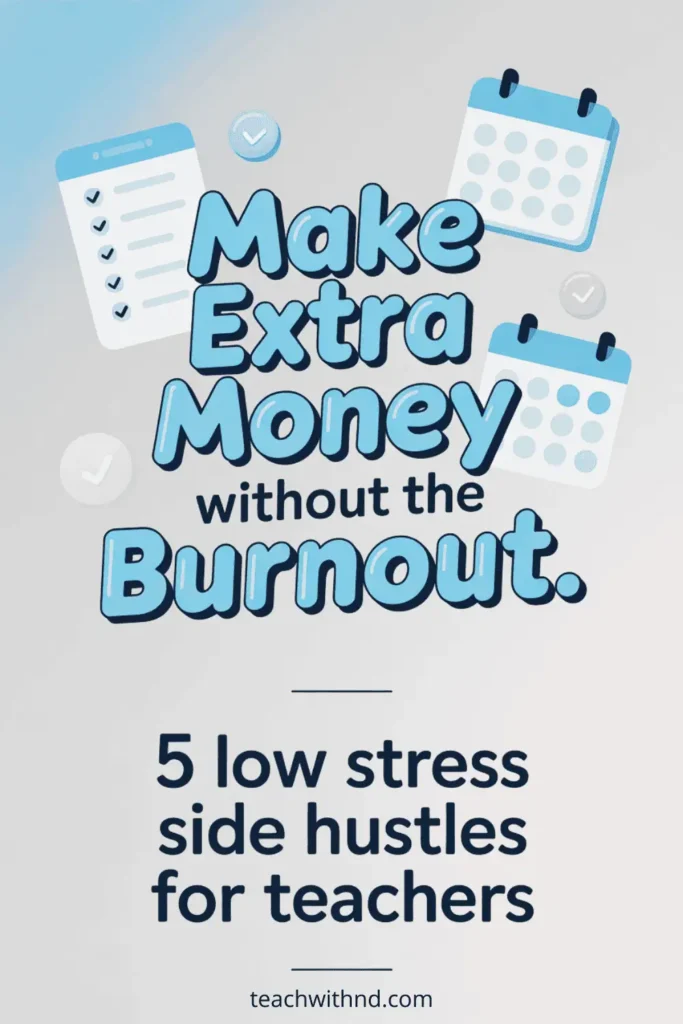 5 Low Stress Side Hustles for Teachers 16 Pinterest pin reading “Make Extra Money Without the Burnout” with subtitle “5 low stress side hustles for teachers,” featuring soft blue tones and calendar illustrations.