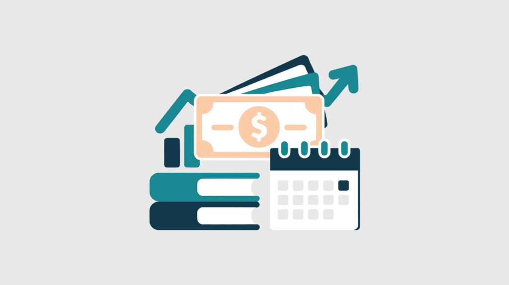 7 Side Hustles for Introverted Teachers 4 Digital tools icons of calendar, books, money bills, and upward arrow, for low-interaction side hustles.