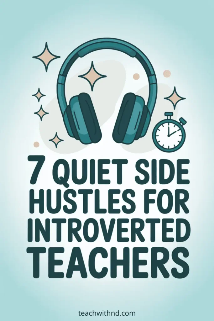 7 Side Hustles for Introverted Teachers 12 Teal pin with headphones and clock icon advertising 7 quiet side hustles for introverted teachers