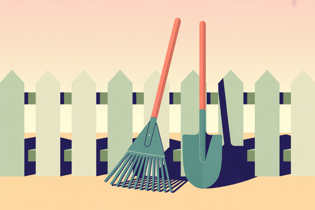 5 Low Stress Side Hustles for Teachers 10 Rake and shovel leaning against a fence with simple yard tools arranged neatly.