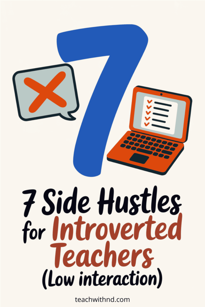 7 Side Hustles for Introverted Teachers 13 Pin with large number 7, laptop, and message icons representing side hustles for introverted teachers