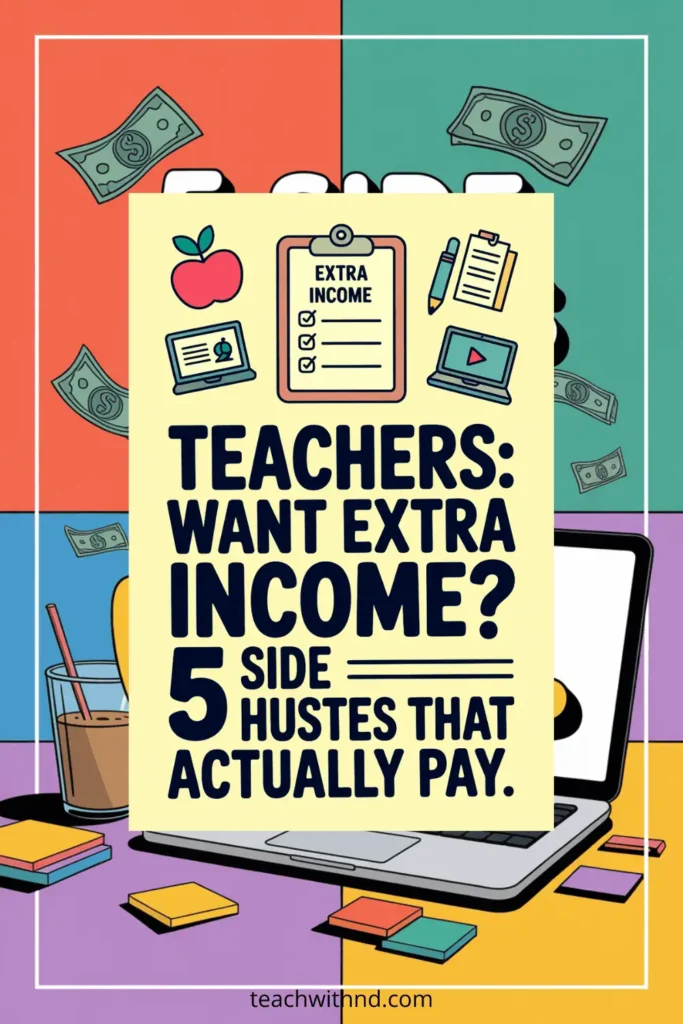 5 Side Hustles That Pay Well for Teachers 13 Bright Pinterest graphic that says “Teachers Want Extra Income? 5 Side Hustles That Actually Pay” featuring a laptop, clipboard, sticky notes, and money illustrations.