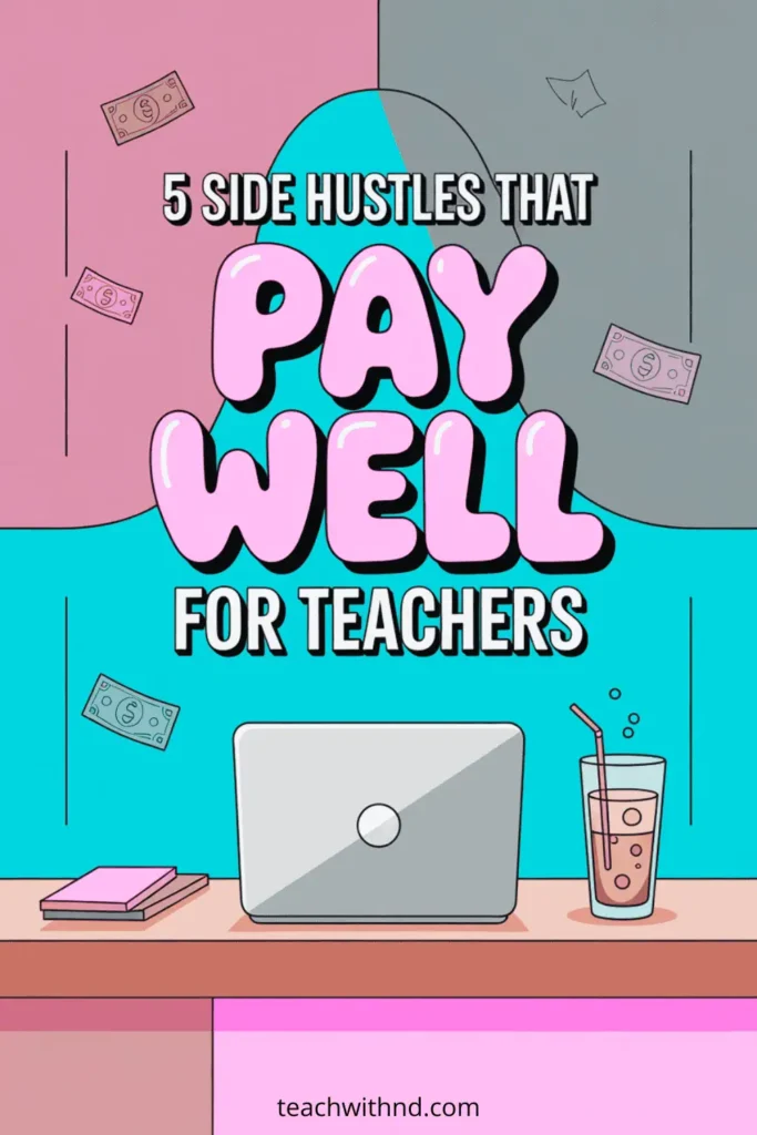 5 Side Hustles That Pay Well for Teachers 12 Colorful Pinterest pin with bold playful text reading “5 Side Hustles That Pay Well for Teachers” over a teacher desk illustration with laptop, coffee, and floating dollar bills.
