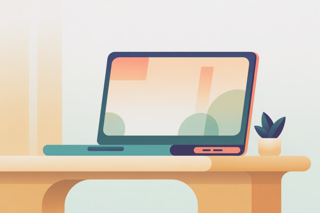 How Much Money Can Teachers Make from Side Hustles? 6 Laptop sitting on a desk with soft background shapes in teal and beige.