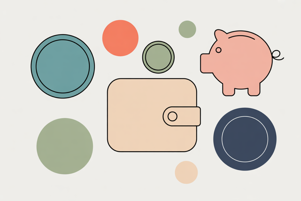 How Much Money Can Teachers Make from Side Hustles? 12 Wallet with coins and a small piggy bank in soft muted tones.