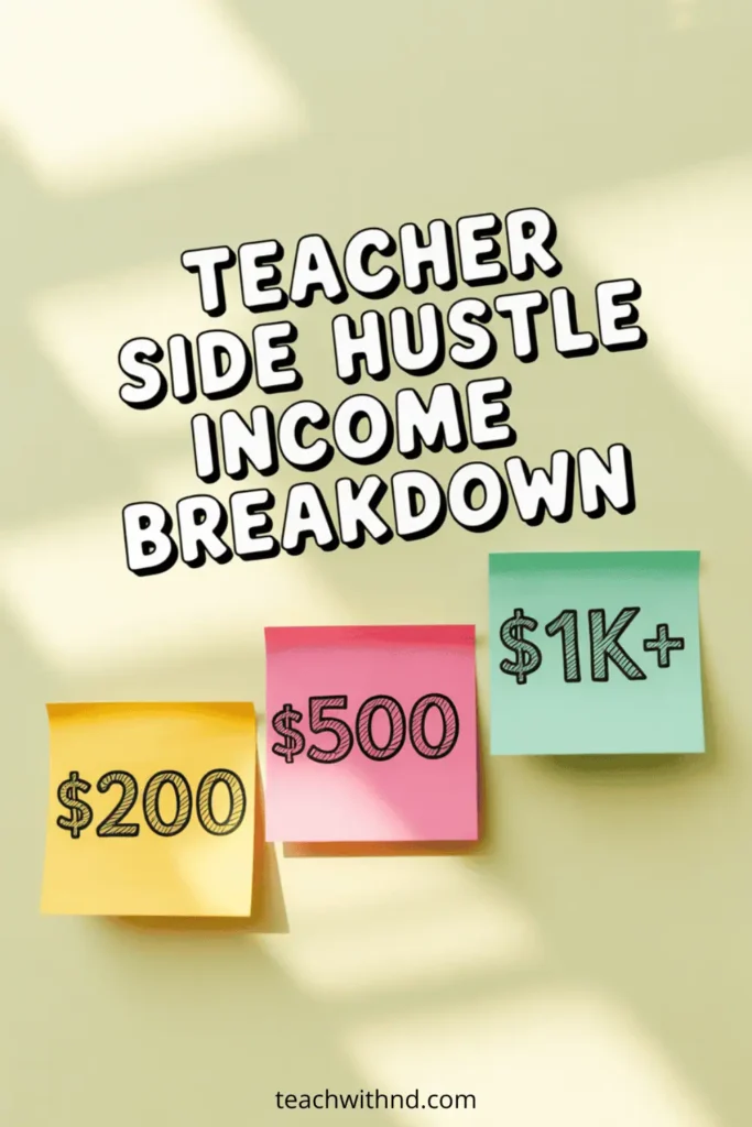 How Much Money Can Teachers Make from Side Hustles? 15 Neutral Pinterest pin reading “Teacher Side Hustle Income Breakdown” with sticky notes showing income tiers like $200, $500, and $1K+.
