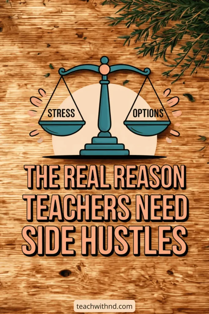 Illustrated balance scale with stress written on the left side and options written on the right. Wooden table background. Text reads The Real Reason Teachers Need Side Hustles. 