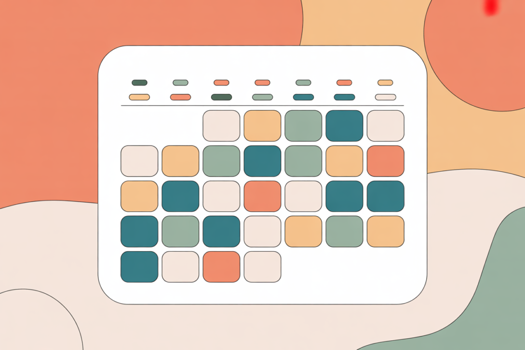 5 Low Stress Side Hustles for Teachers 13 Organized weekly schedule layout with evenly spaced colored blocks.