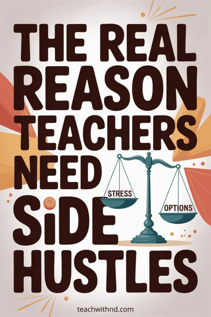 Bold pin with balance scale labeled stress and options explaining the real reason teachers need side hustles. Title reads The Real Reason Teachers Need Side Hustles.