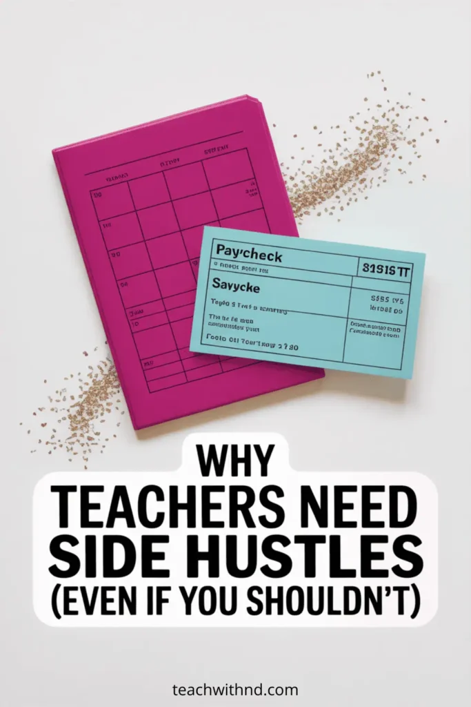 Pin with planner and paycheck graphic explaining why teachers need side hustles even if they shouldn’t
